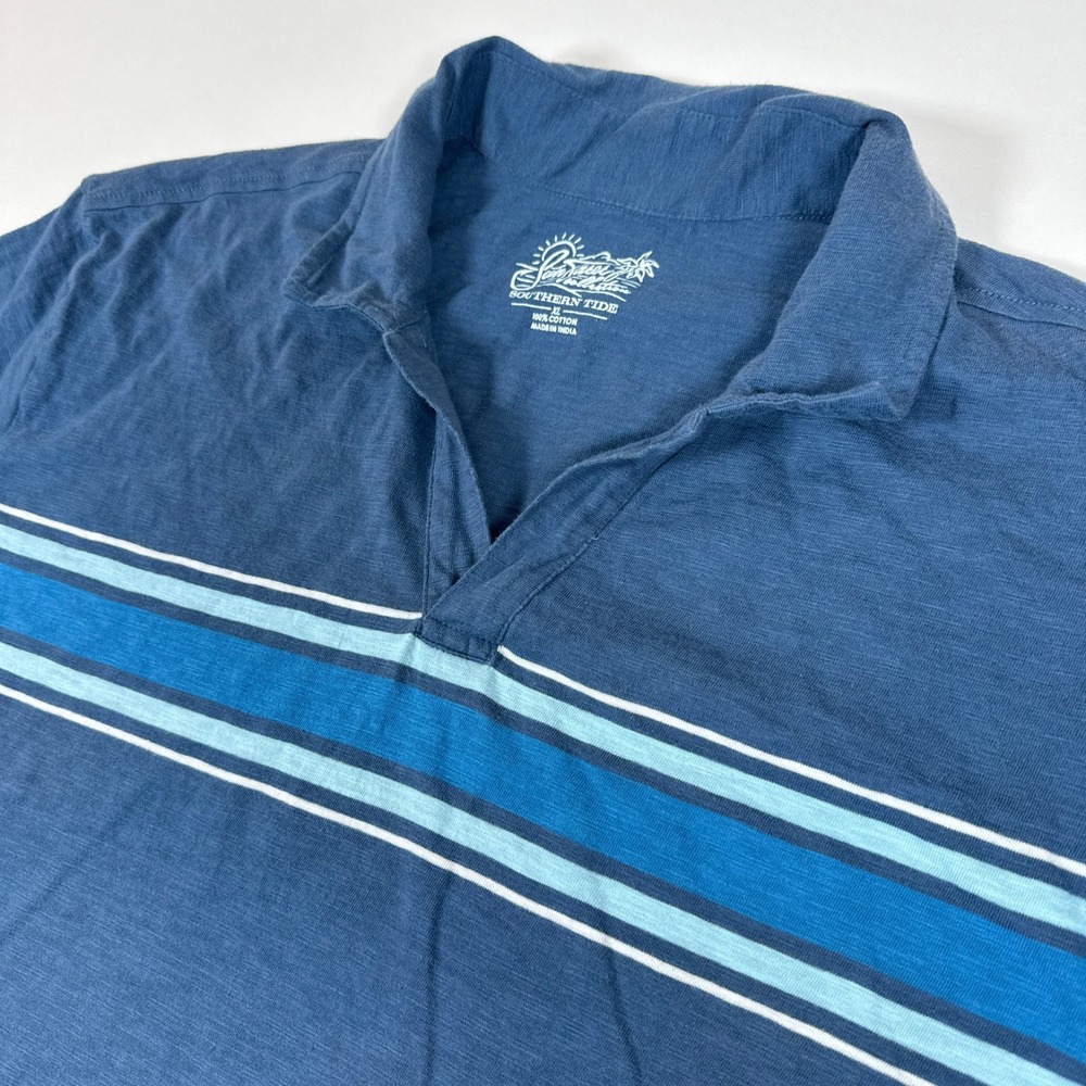Southern Tide Polo Shirt Mens XL Blue Striped Slub Cotton Coastal Sunfarer
